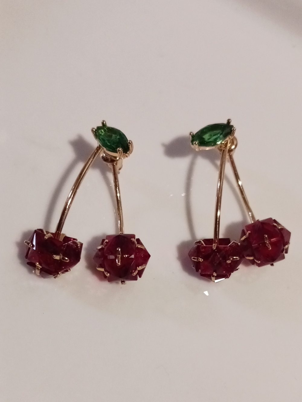 Gold-Tone Cherry Drop Earrings with Green and Red Stones
